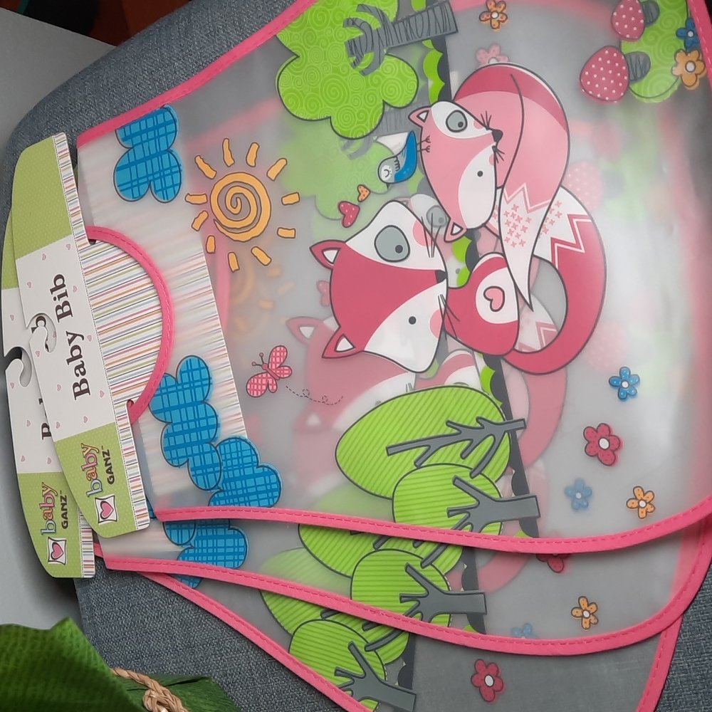 Baby Bibs Fox Bird Trees Reusable Mushrooms Flowers Girl Butterfly Set Three NWT